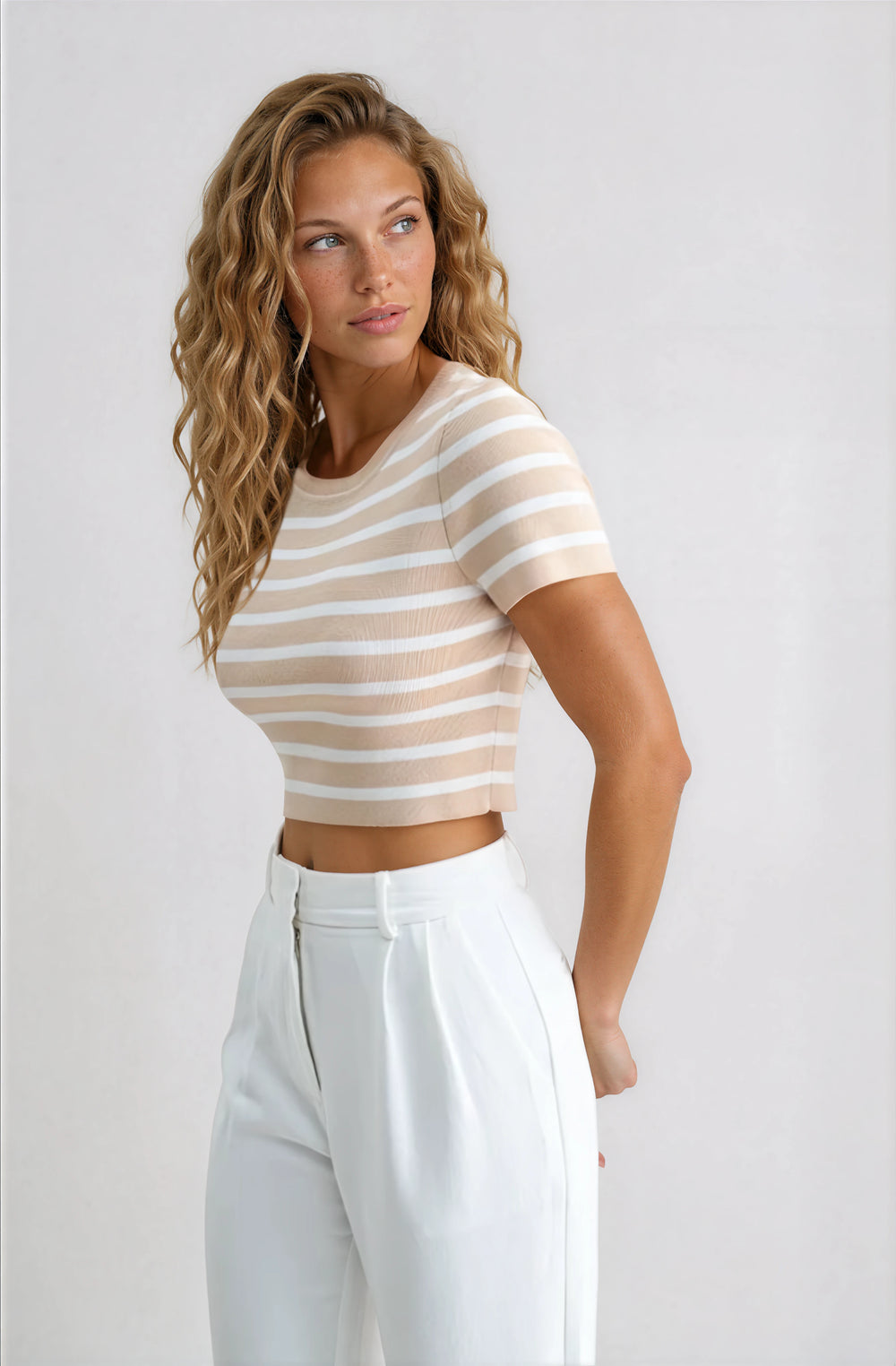 beige and white striped crop top for spring