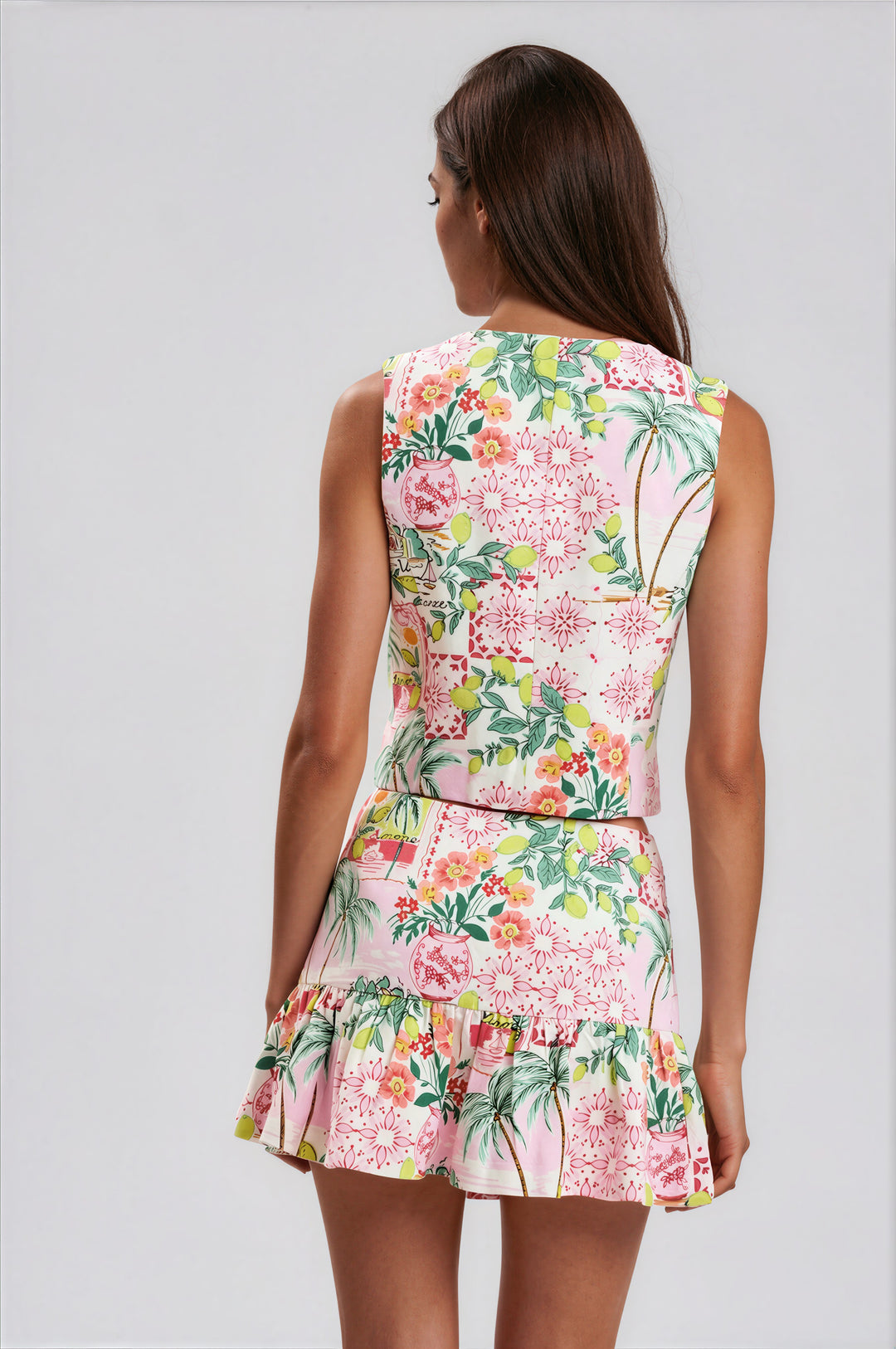 Tropical-print skort set with vest-style crop top and tiered ruffle mini skort