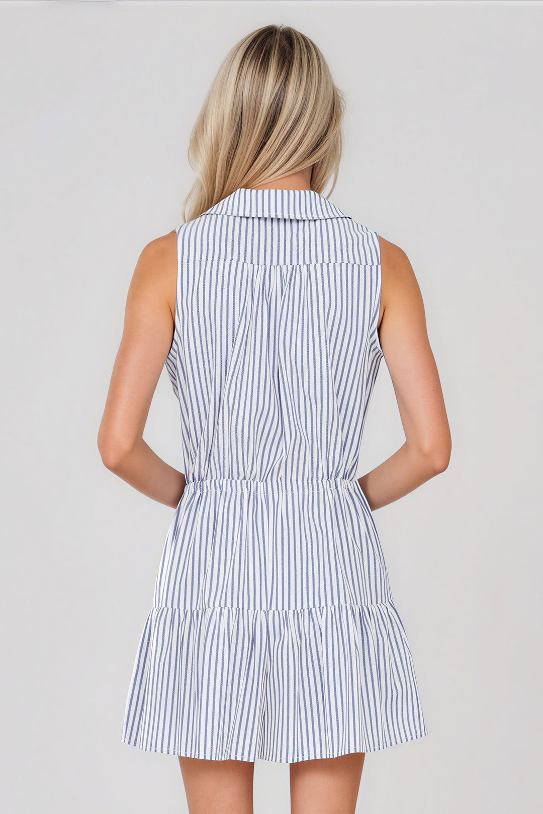 Blue and white striped romper with drawstring tie waist and tiered ruffle hem