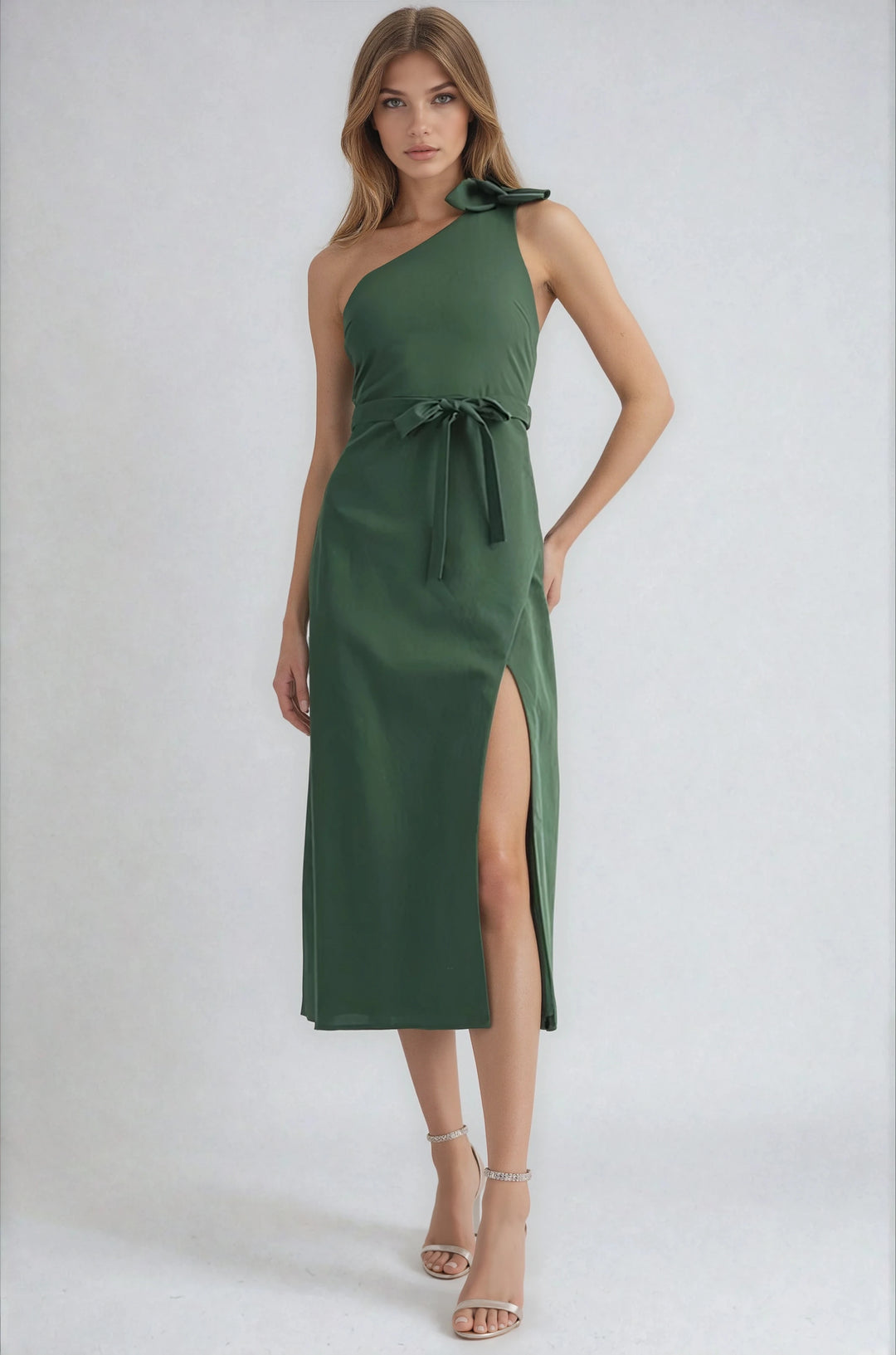 Green one shoulder maxi dress with slim silhouette on model