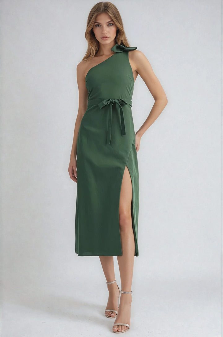 Green one shoulder maxi dress with slim silhouette on model