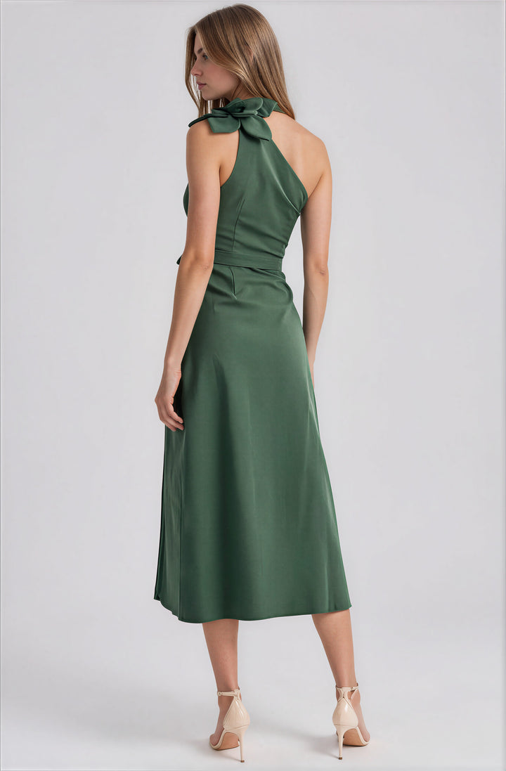 Back view green slim fit midi dress on model