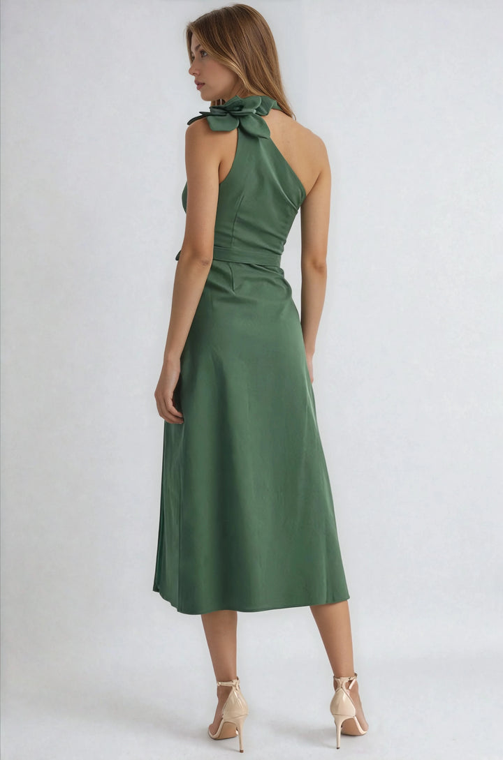 Back view green slim fit midi dress on model