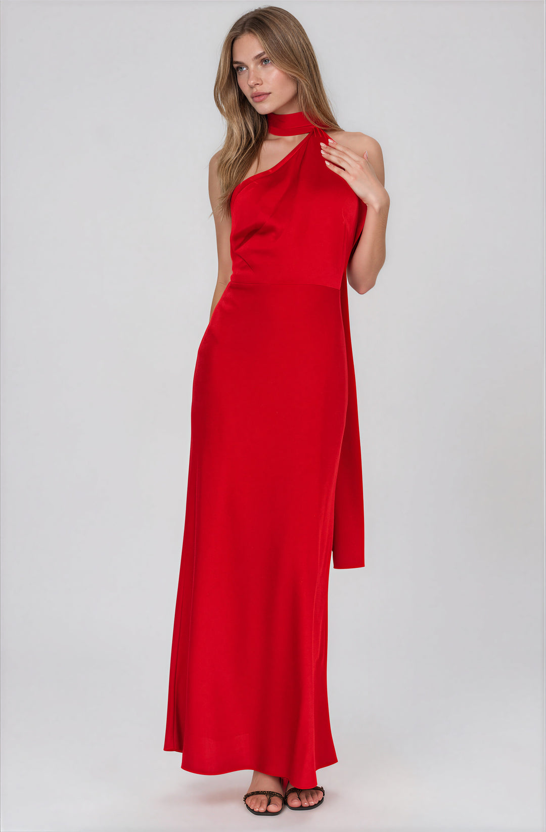 red one shoulder satin gown with sash detail