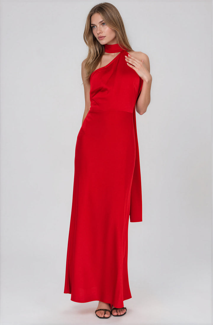 red one shoulder satin gown with sash detail