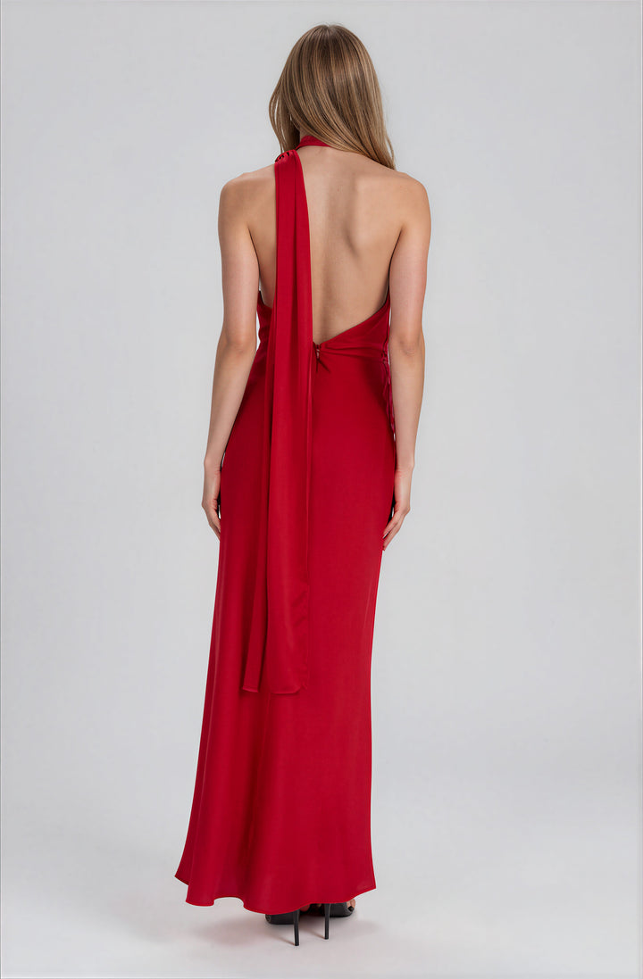 red one shoulder satin gown with sash detail and open back