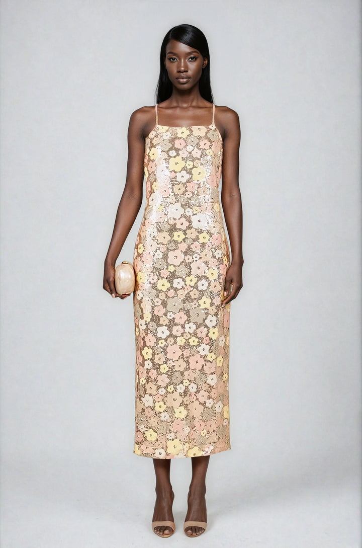 Gold Floral Sequin Midi Dress – The Salient Collection
