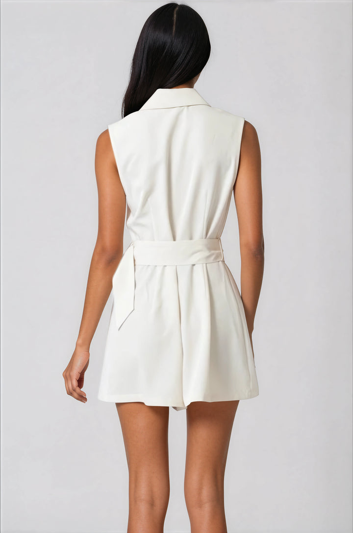 white belted romper with notched collar