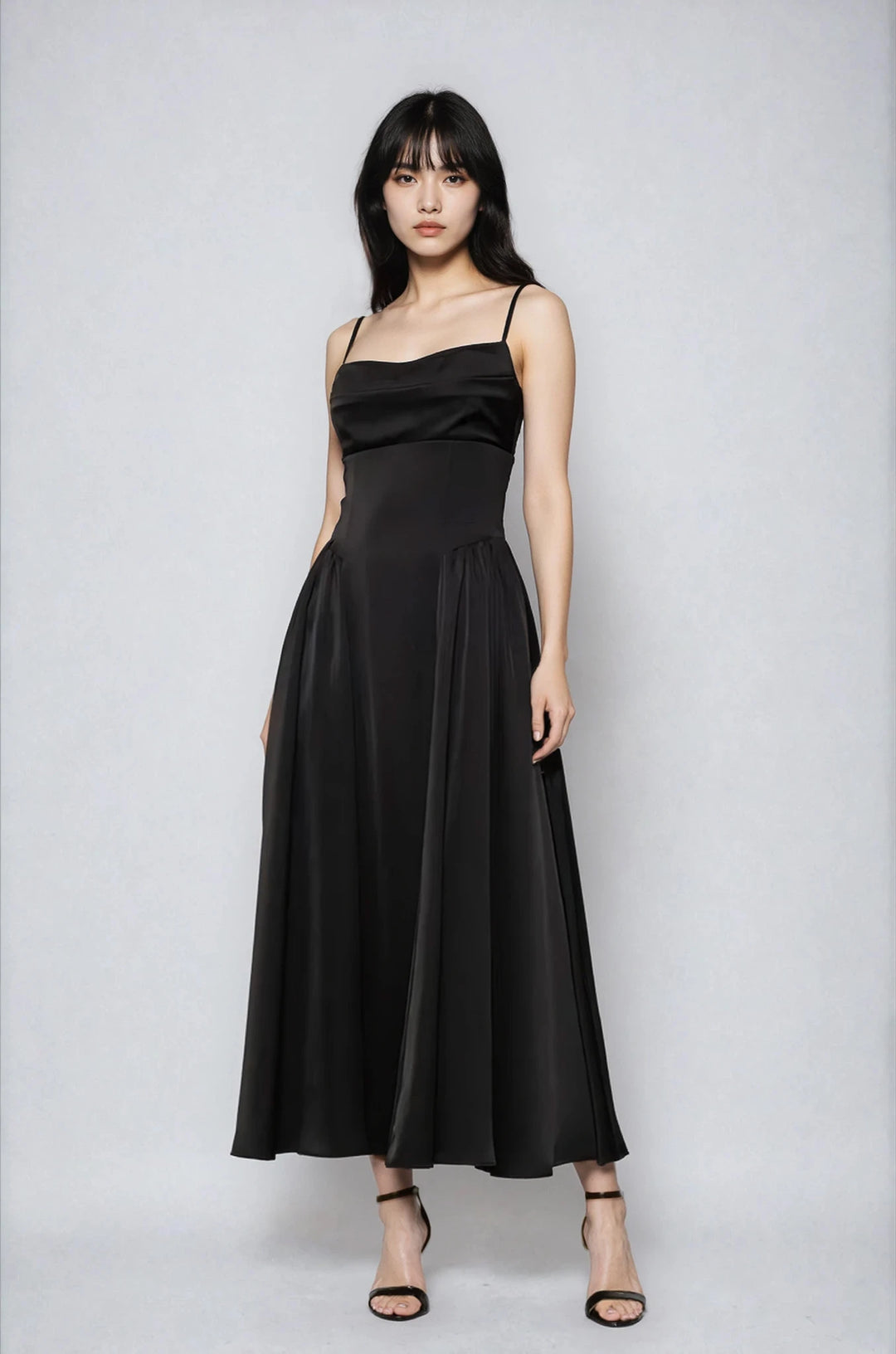 Black Satin A-Line Midi Dress