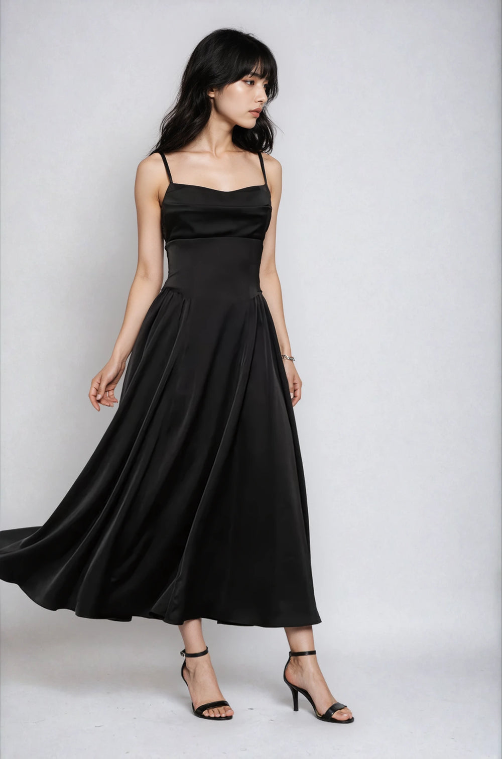 Black Satin A-Line Midi Dress
