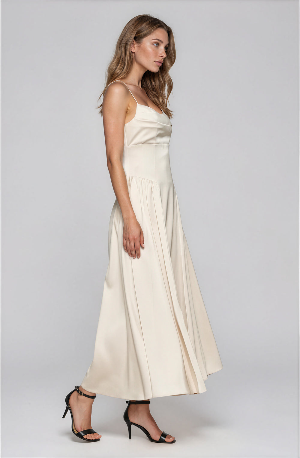 off white satin midi dress for cocktail attire