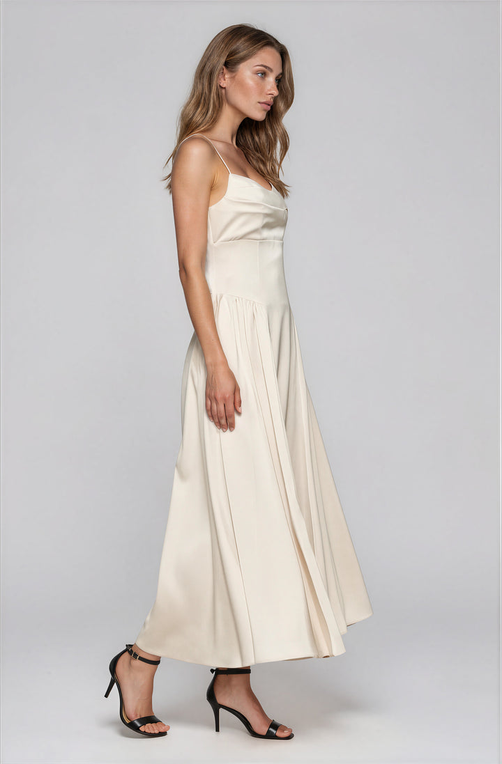 off white satin midi dress for cocktail attire