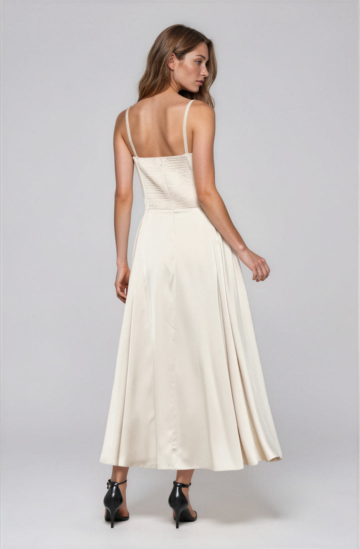off white satin midi dress for cocktail attire