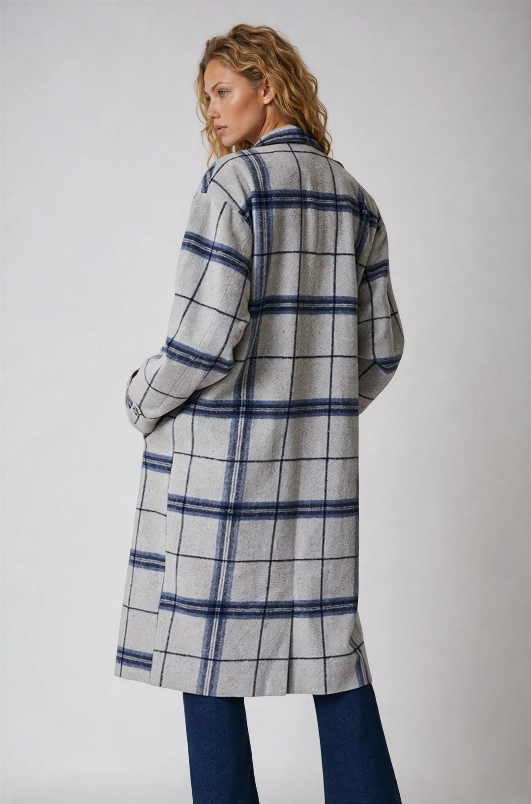 Back view blue plaid coat with clean tailored shape