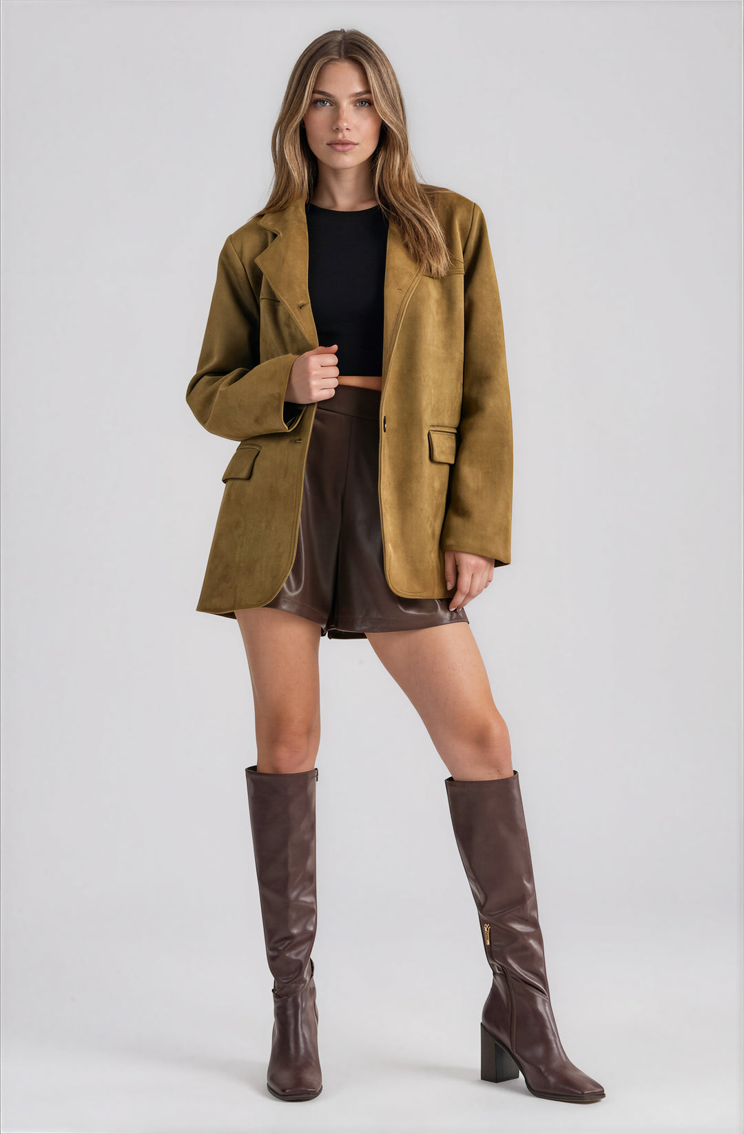 Olive faux suede blazer jacket with structured drape on model