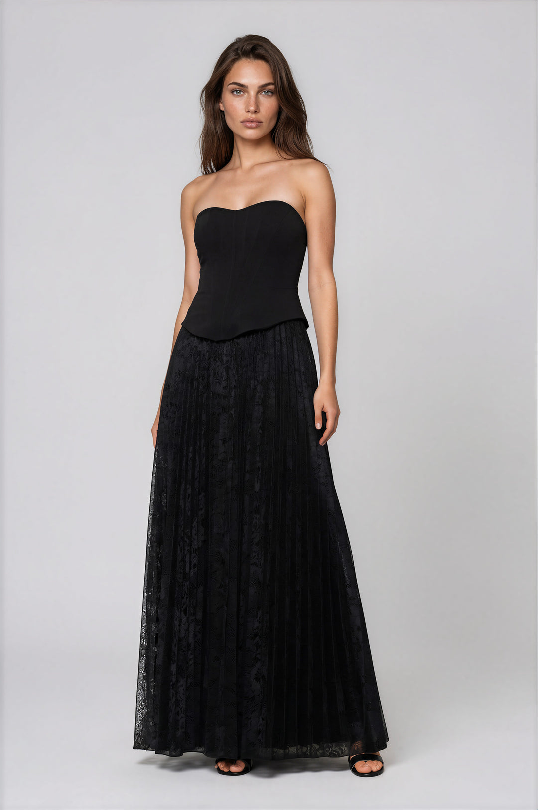 black strapless maxi dress with corset bodice and lace skirt