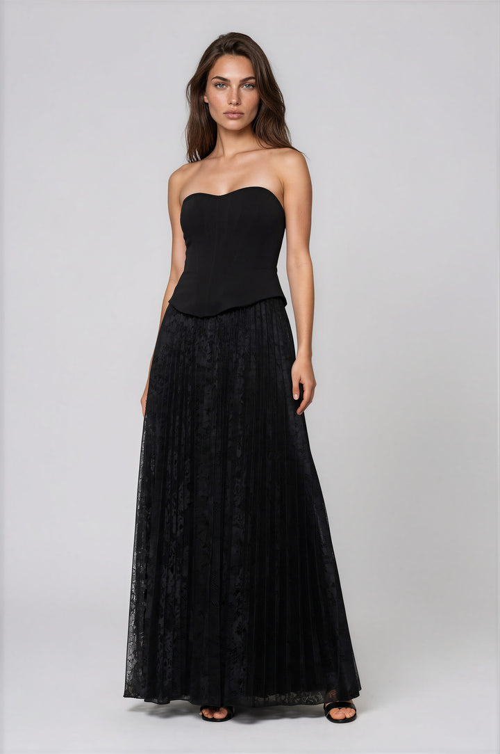 black strapless maxi dress with corset bodice and lace skirt