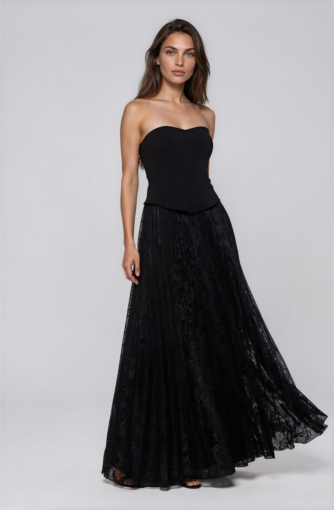 black strapless maxi dress with corset bodice and lace skirt
