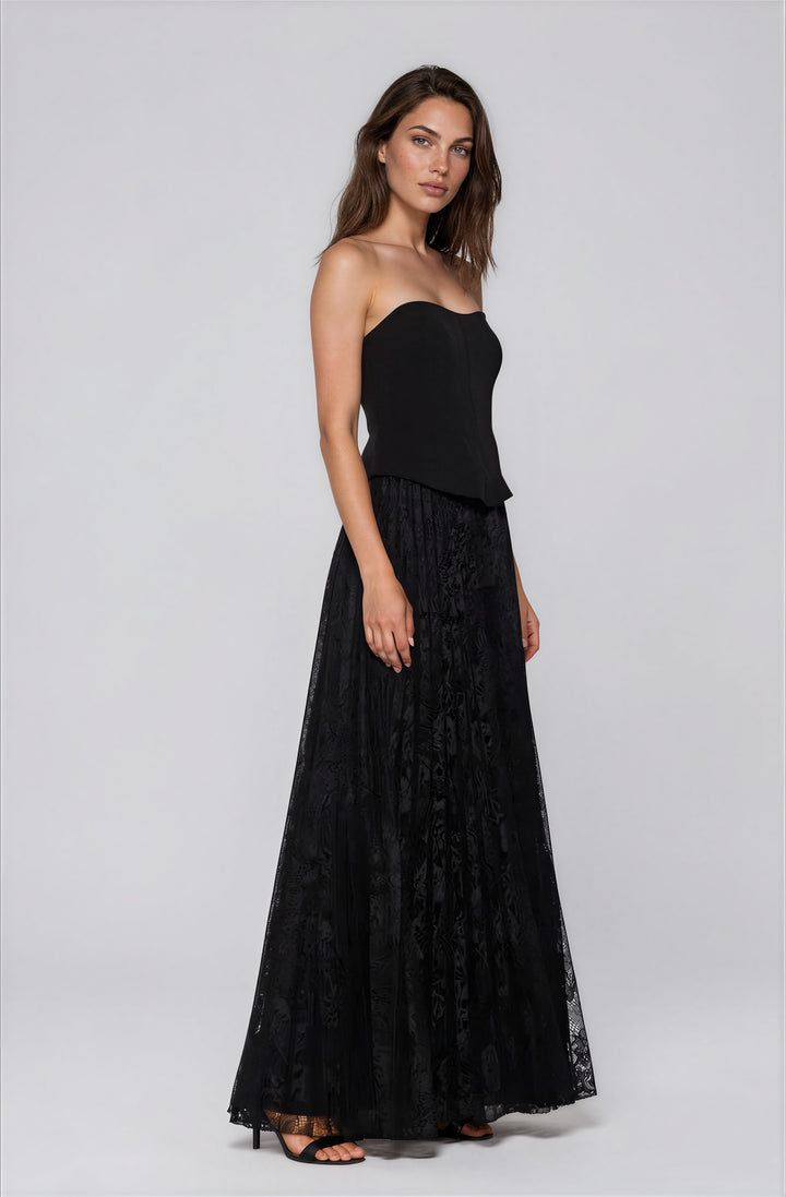 black strapless maxi dress with corset bodice and lace skirt