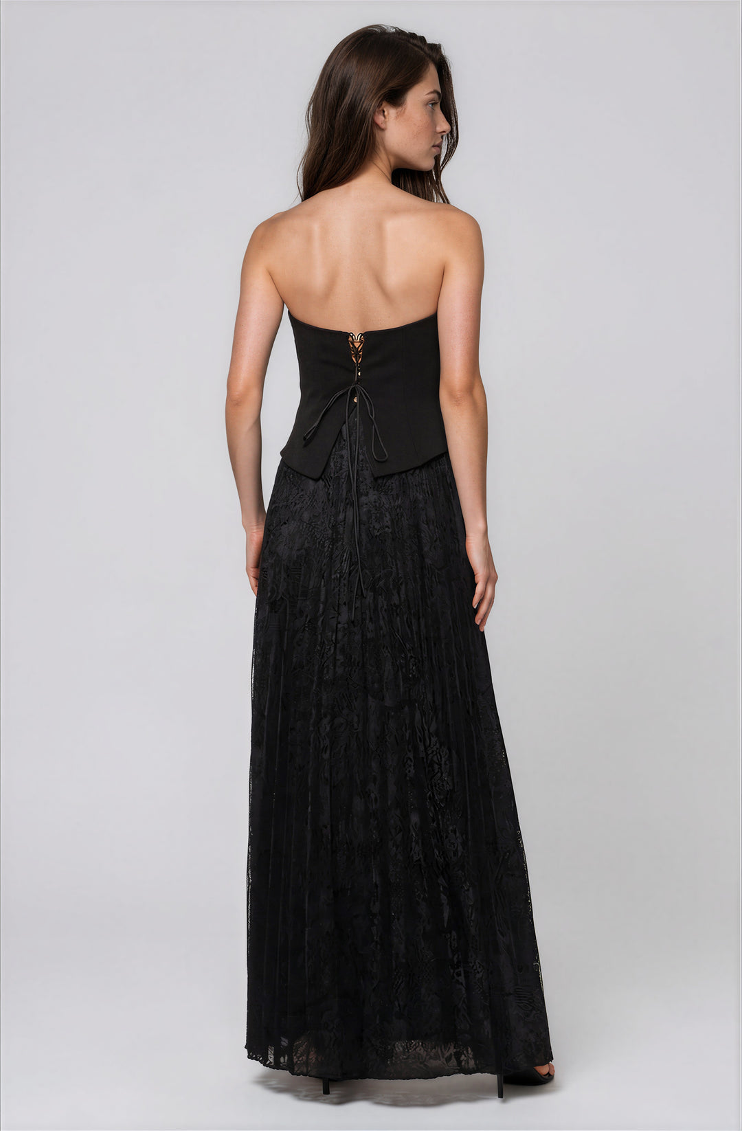 black strapless maxi dress with corset bodice and lace skirt