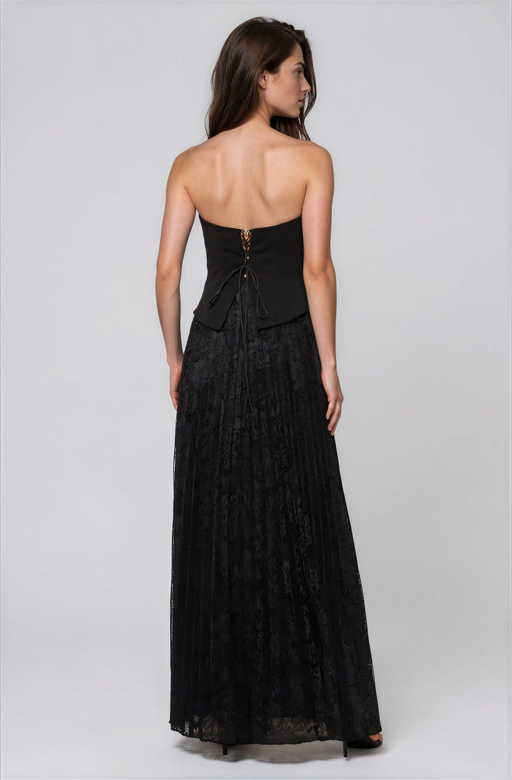 black strapless maxi dress with corset bodice and lace skirt