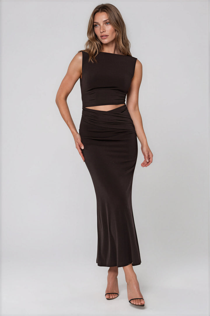 black stretchy maxi dress with front cutout