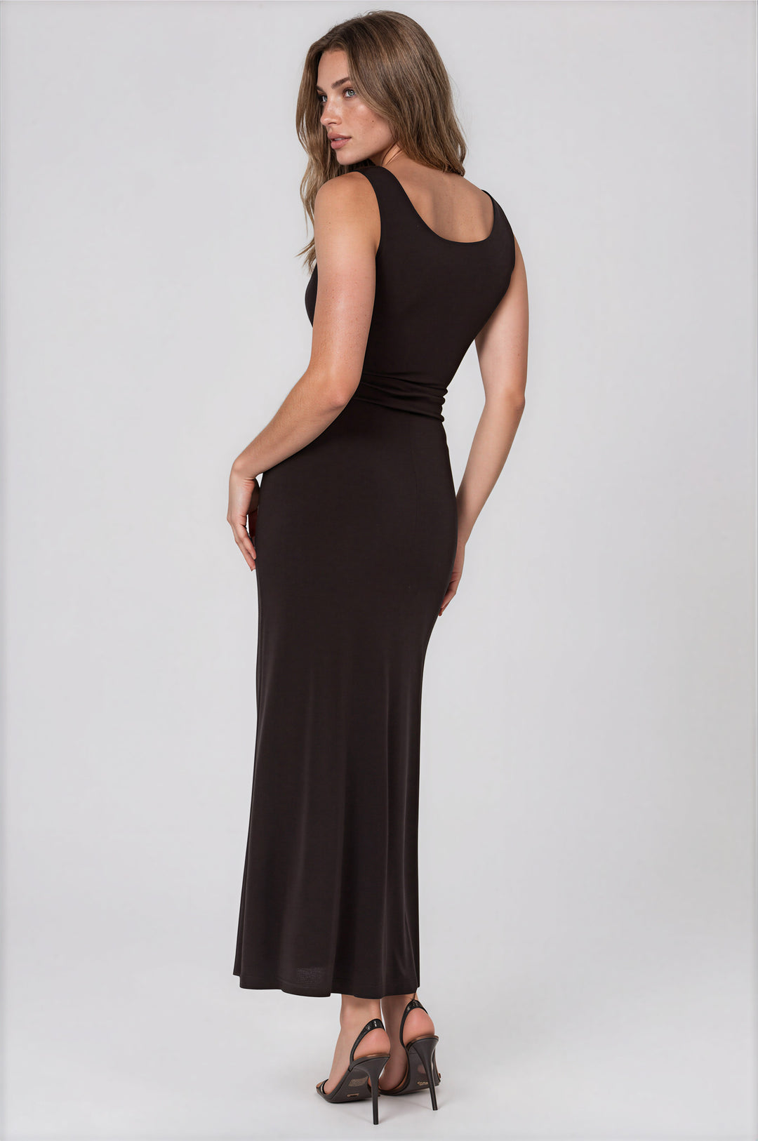black stretchy maxi dress with front cutout