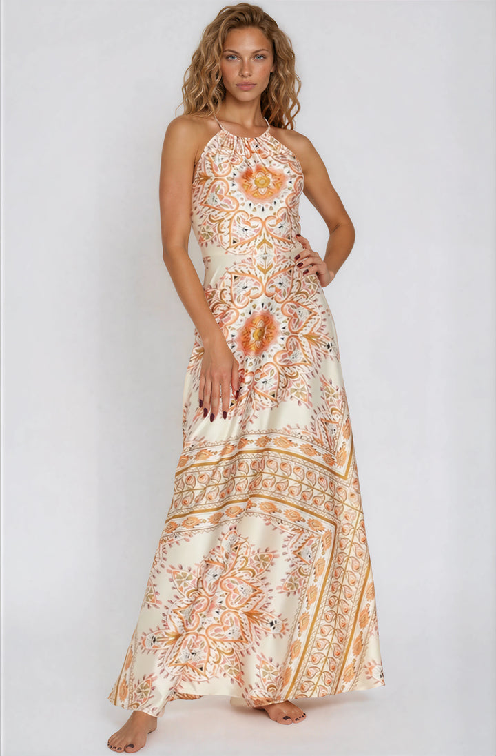 orange and cream satin maxi dress with pattern for summer vacations