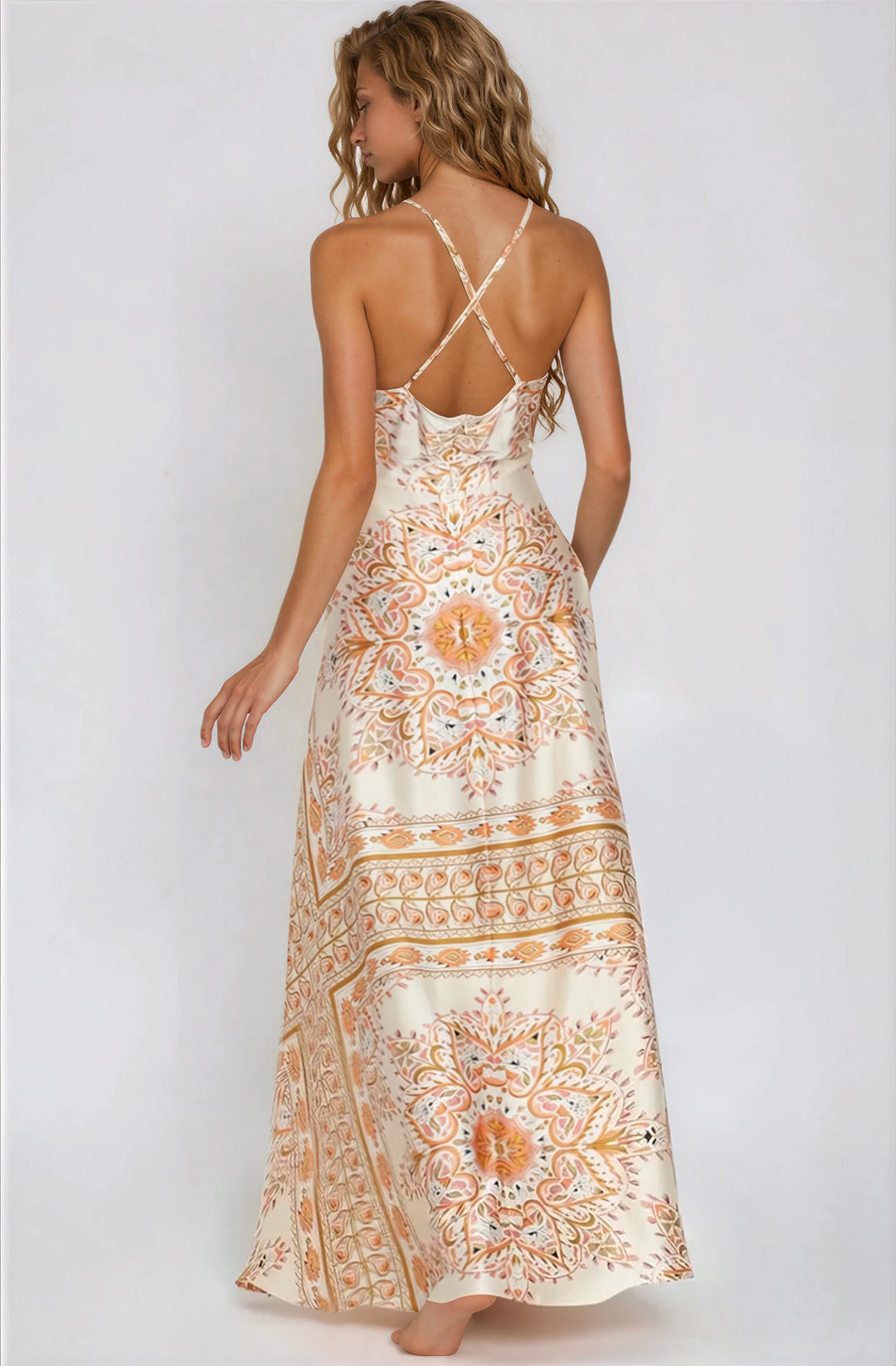 orange and cream satin maxi dress with pattern for summer vacations back view