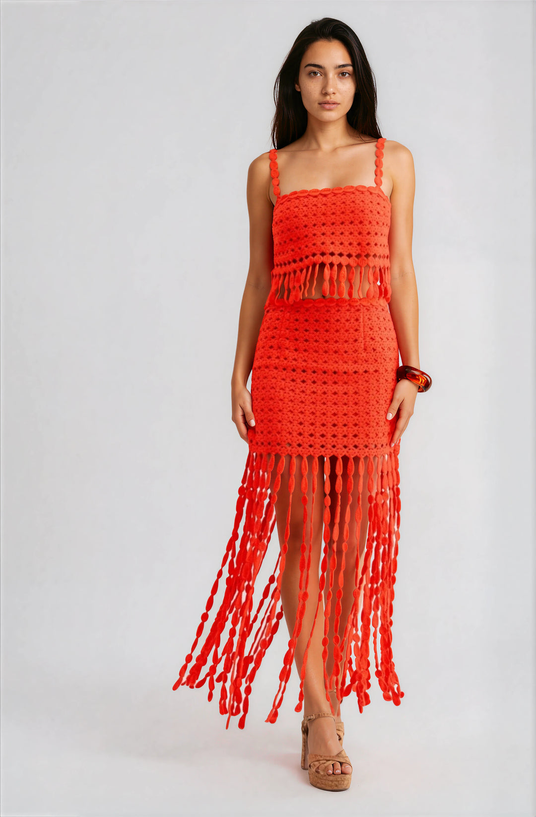 Red Matching Crochet Skirt Set with Fringe Detail – The Salient Collection