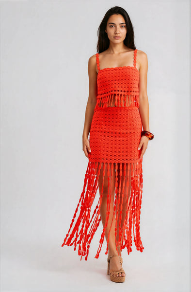 Red Matching Crochet Skirt Set with Fringe Detail – The Salient Collection
