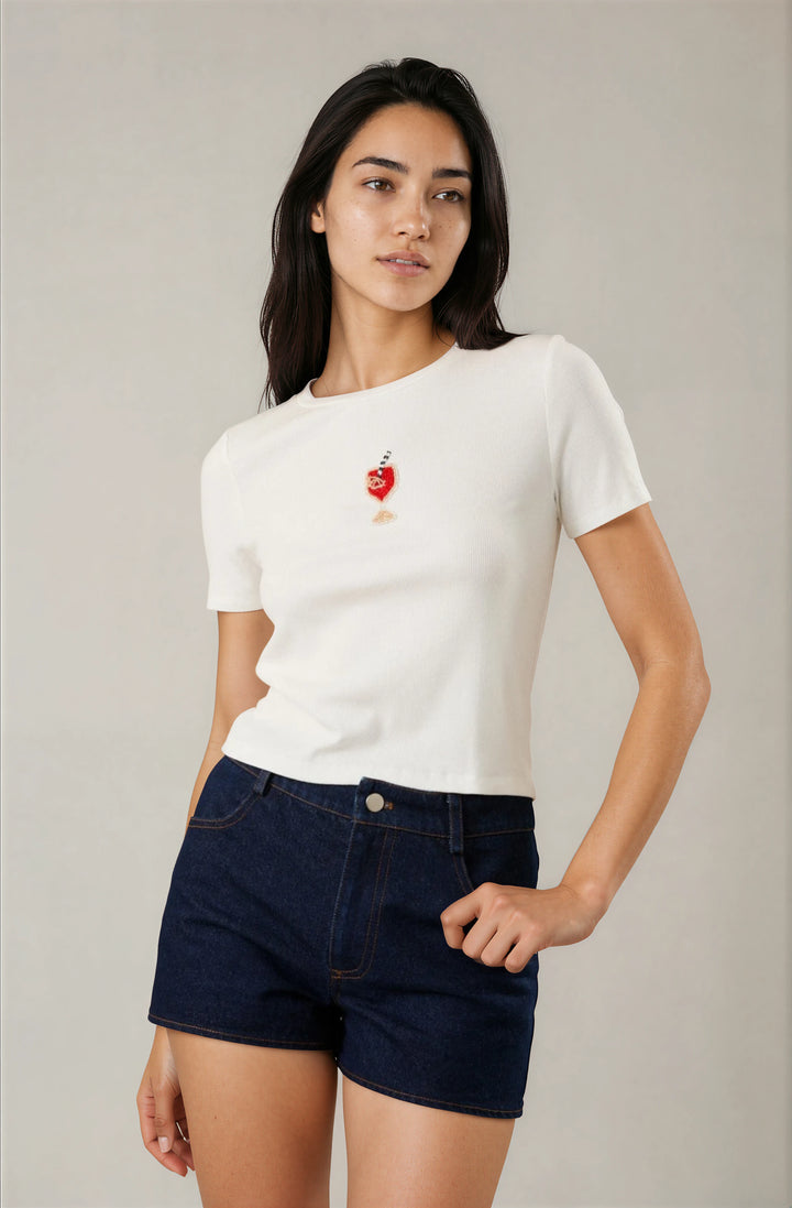 white tee shirt with beaded cocktail design