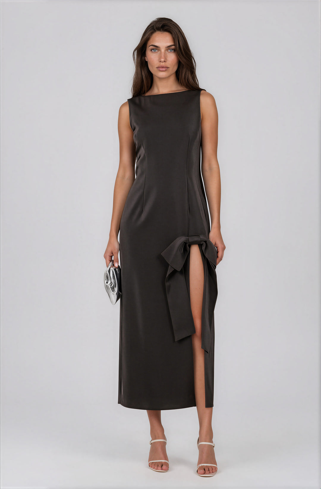 black midi dress with high slit and bow detail for events