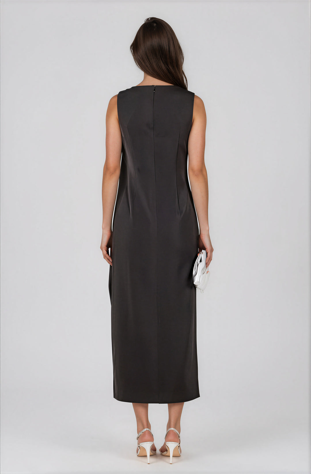 black midi dress with high slit and bow detail for events back view
