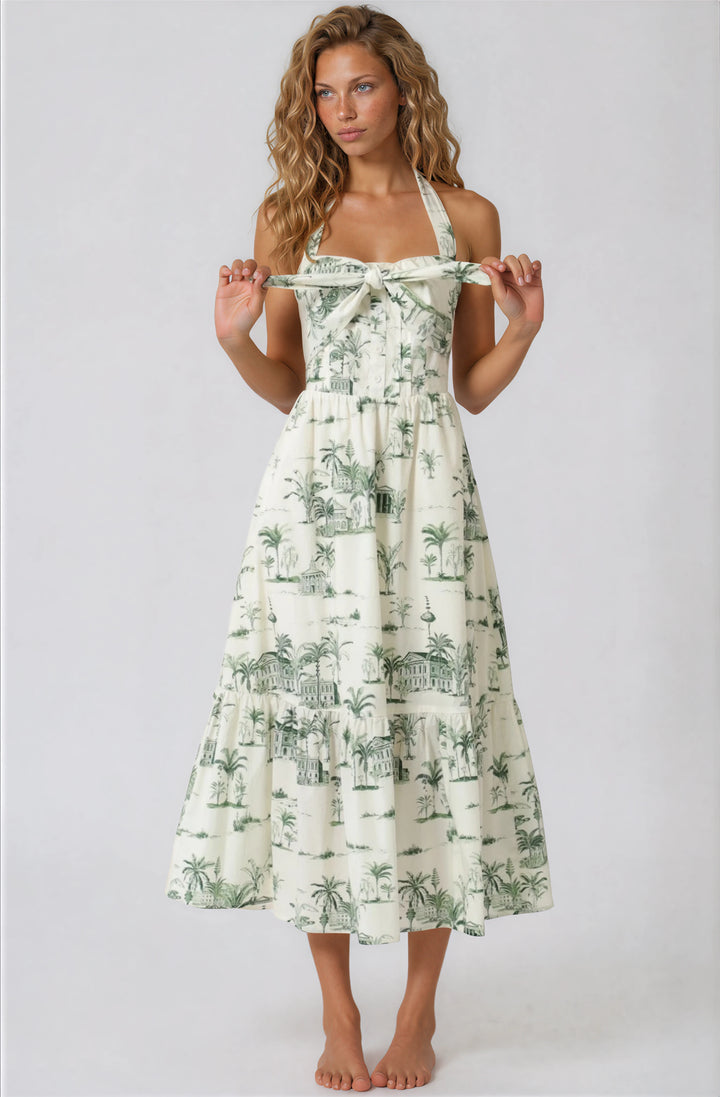 green and white halter midi dress with pattern for summer