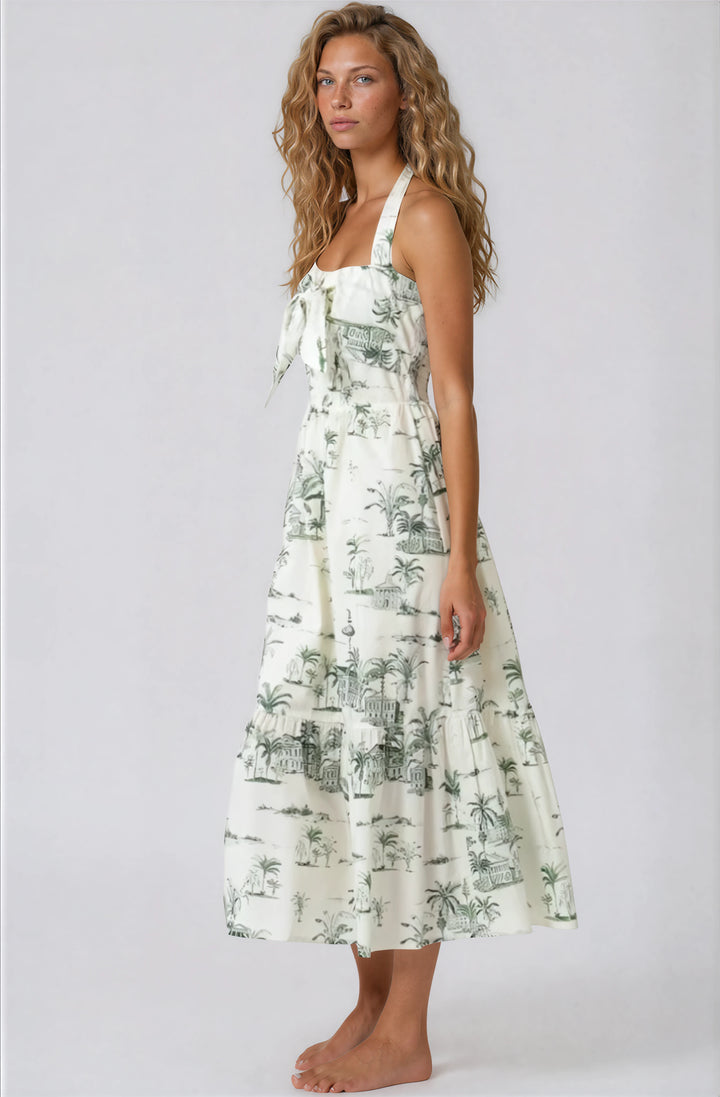 green and white halter midi dress with pattern for summer