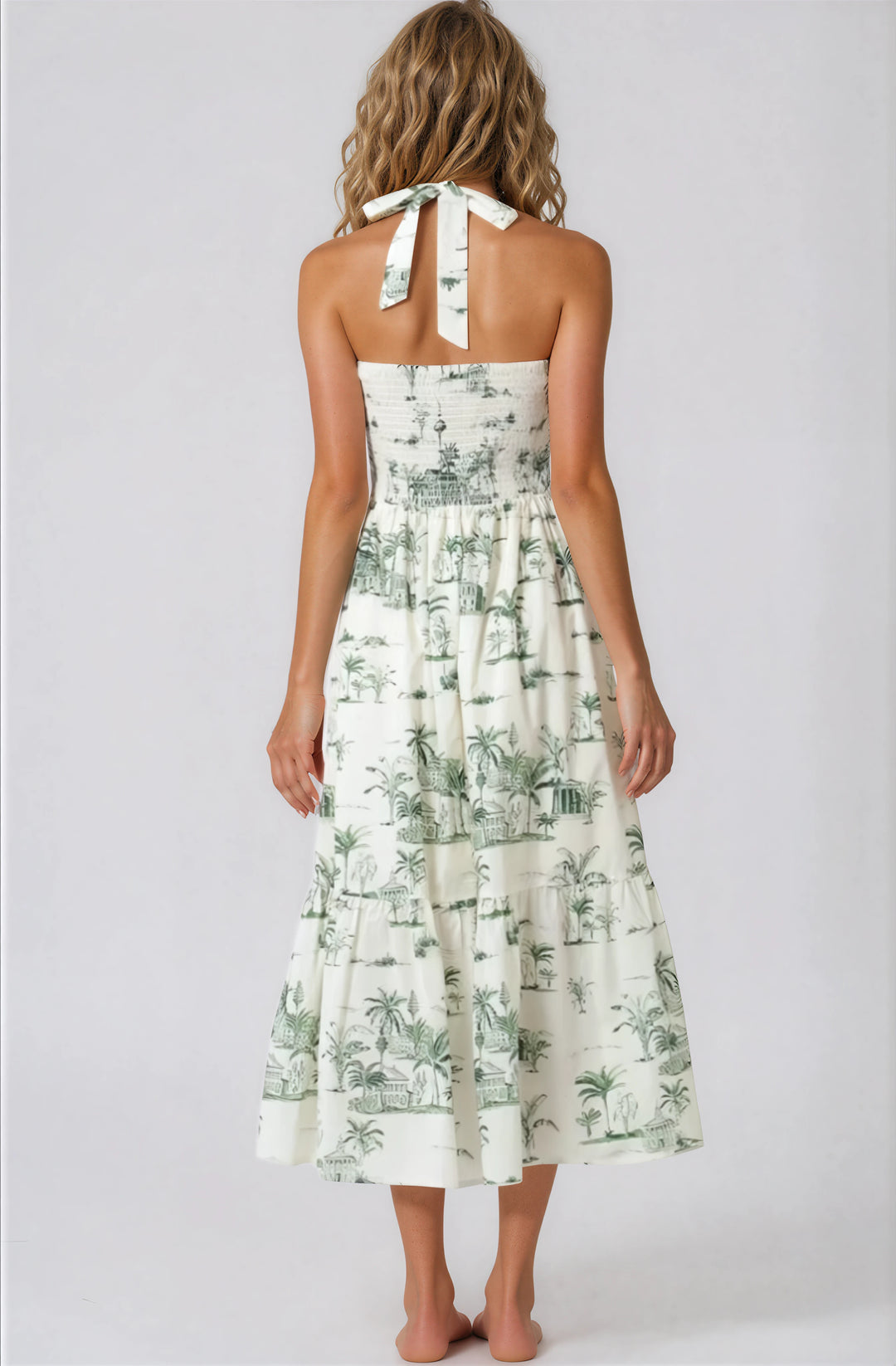 green and white halter midi dress with pattern for summer back