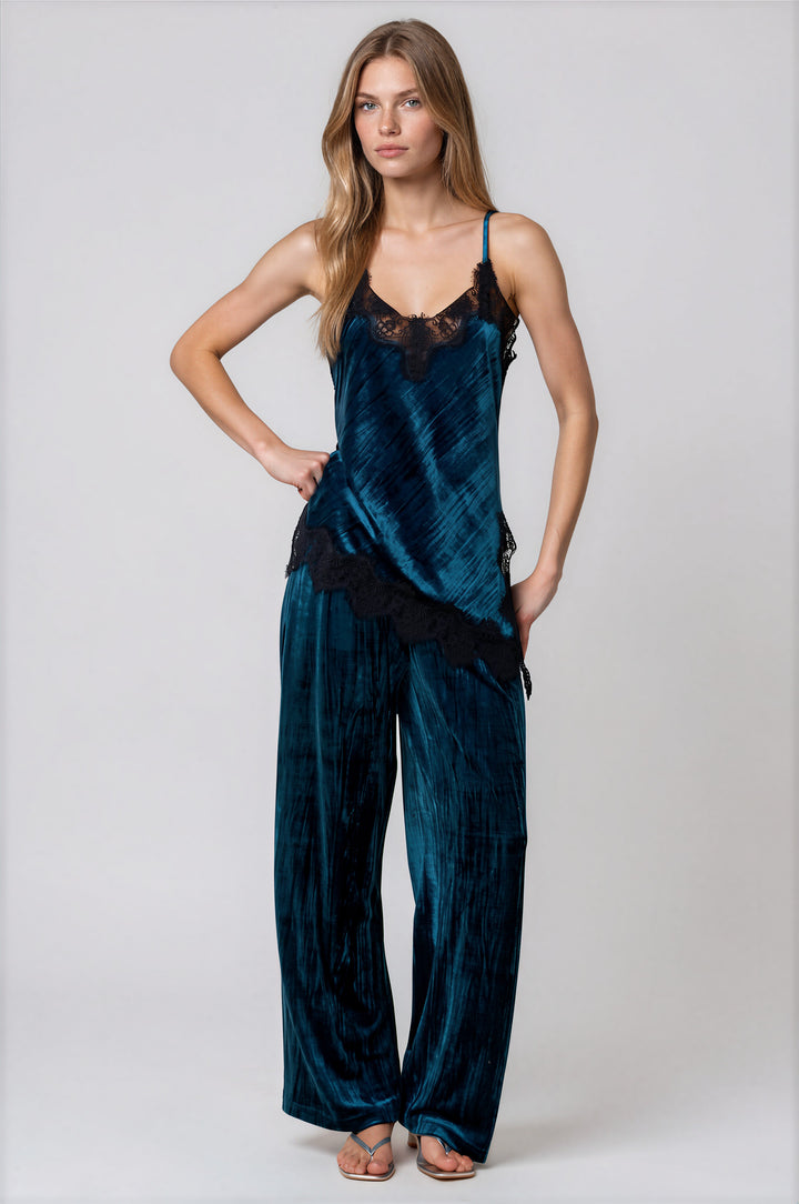Teal crushed velvet cami top with black lace trim at the neckline, front view