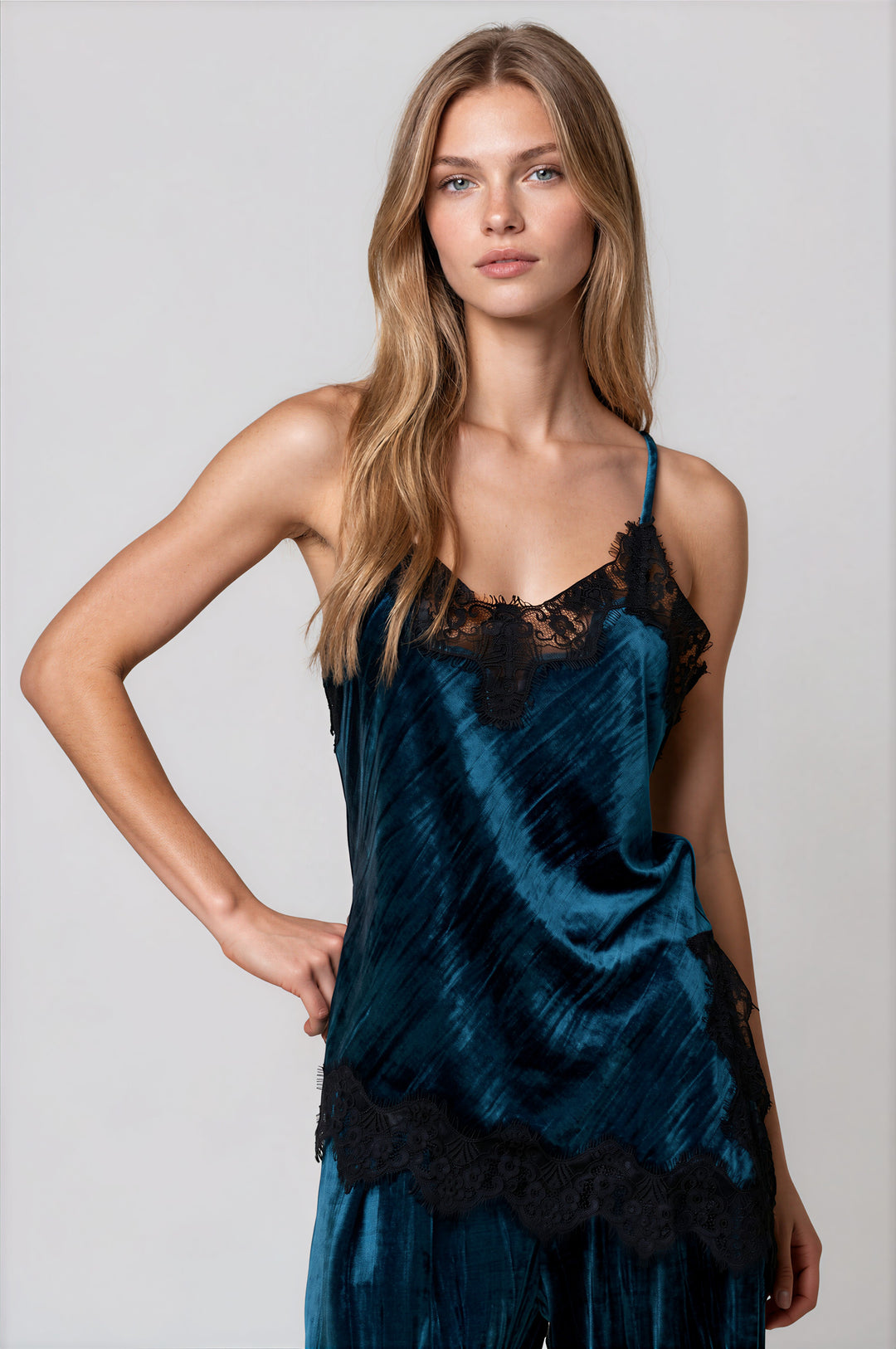 Teal velvet lace-trim cami top, front detail