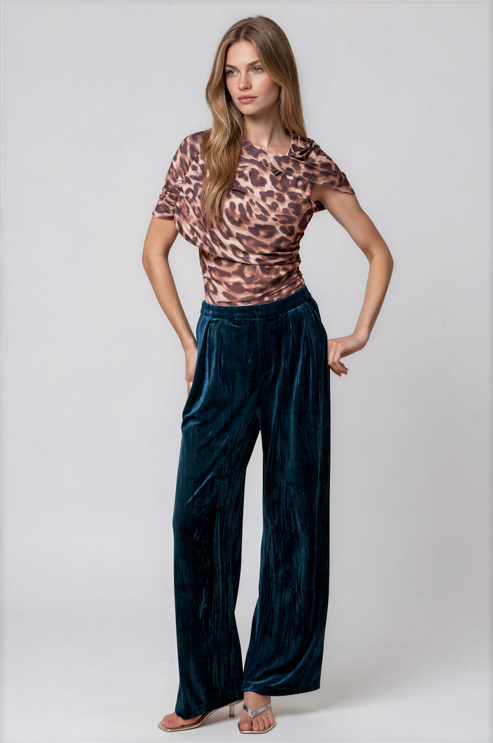 Teal velvet high-waisted wide-leg pants, full-length silhouette