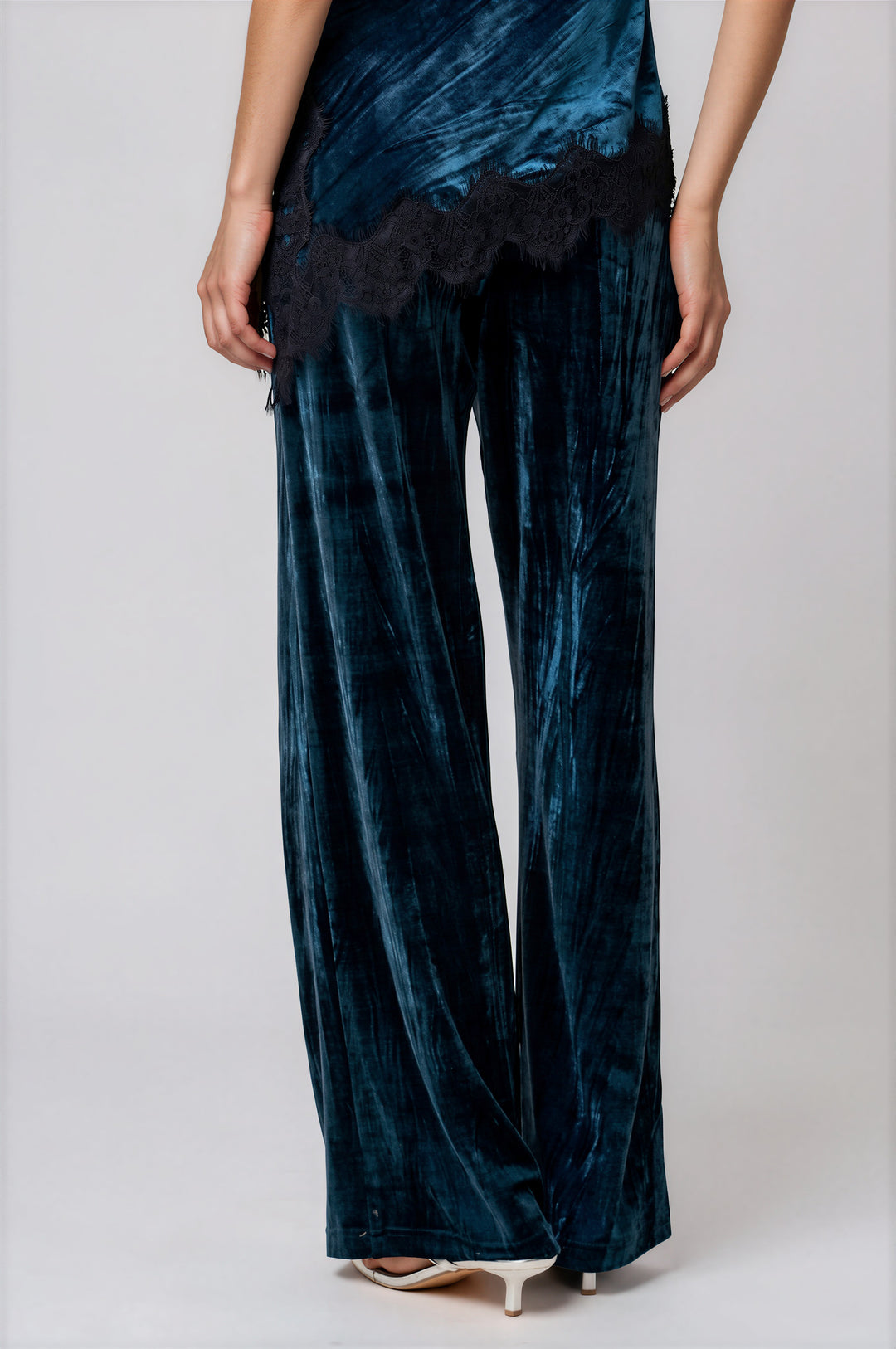 Teal velvet wide-leg pants with a smooth elastic waistband
