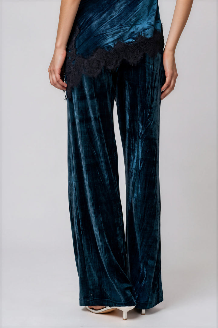 Teal velvet wide-leg pants with a smooth elastic waistband