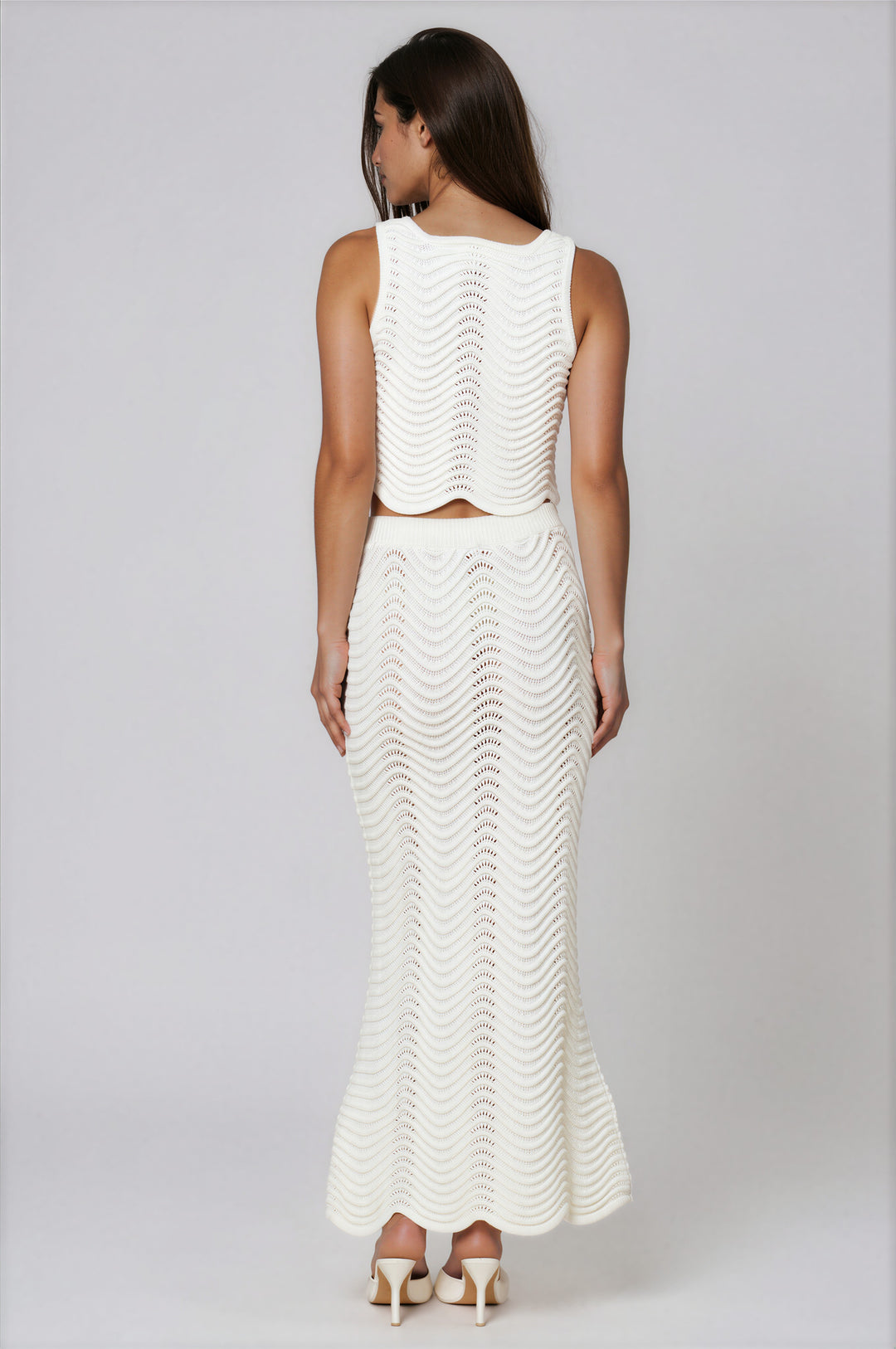 Off-white open-knit wave texture crop top and maxi skirt two-piece set