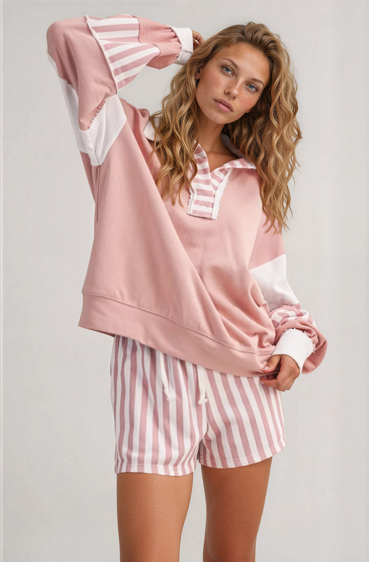 pink striped sweater set with shorts and collared neckline back