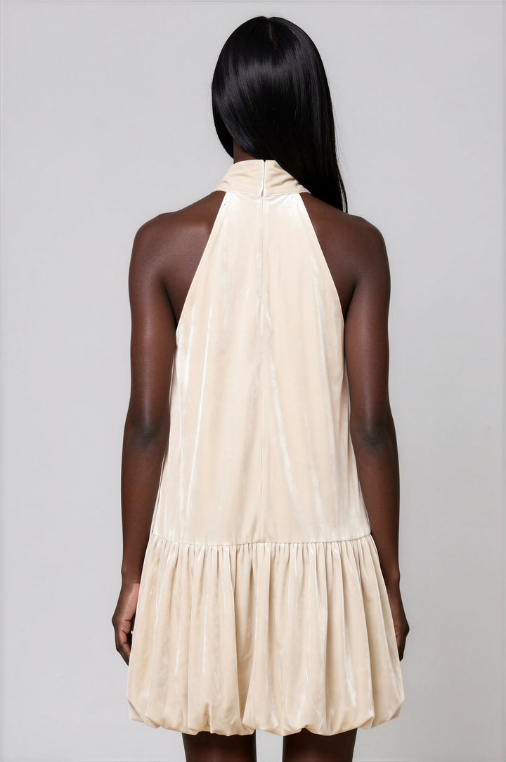 Cream velvet bow mini dress with bubble hem