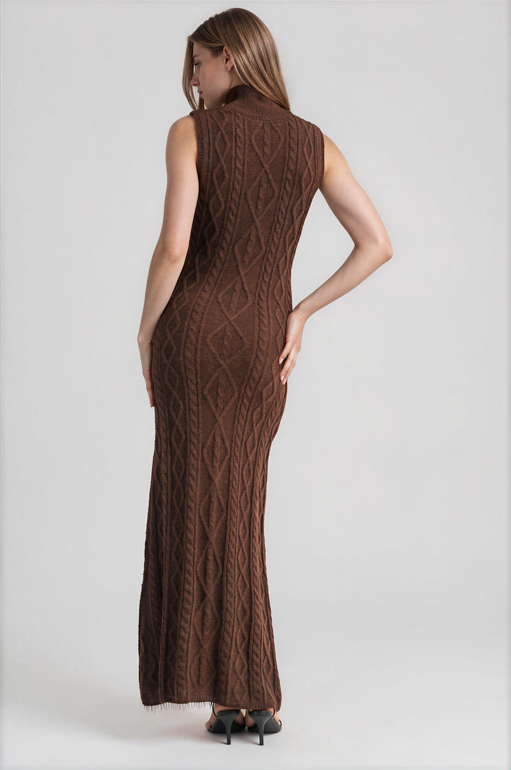 Brown sleeveless cable knit maxi dress with floor-length hem