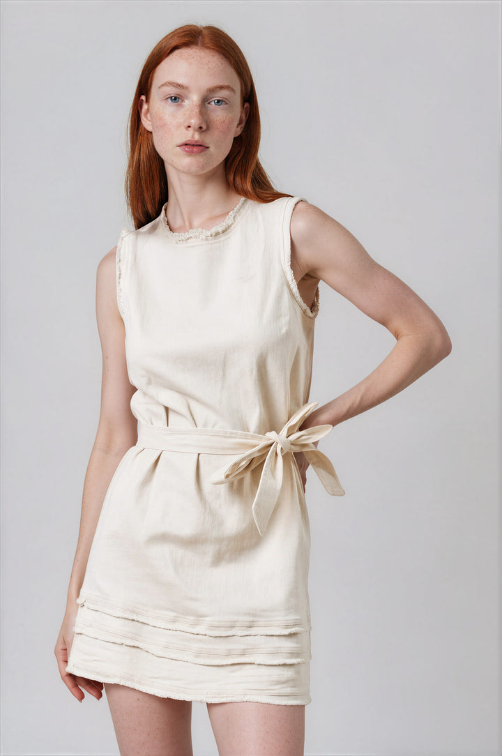 off white sleeveless mini dress with belt for summer