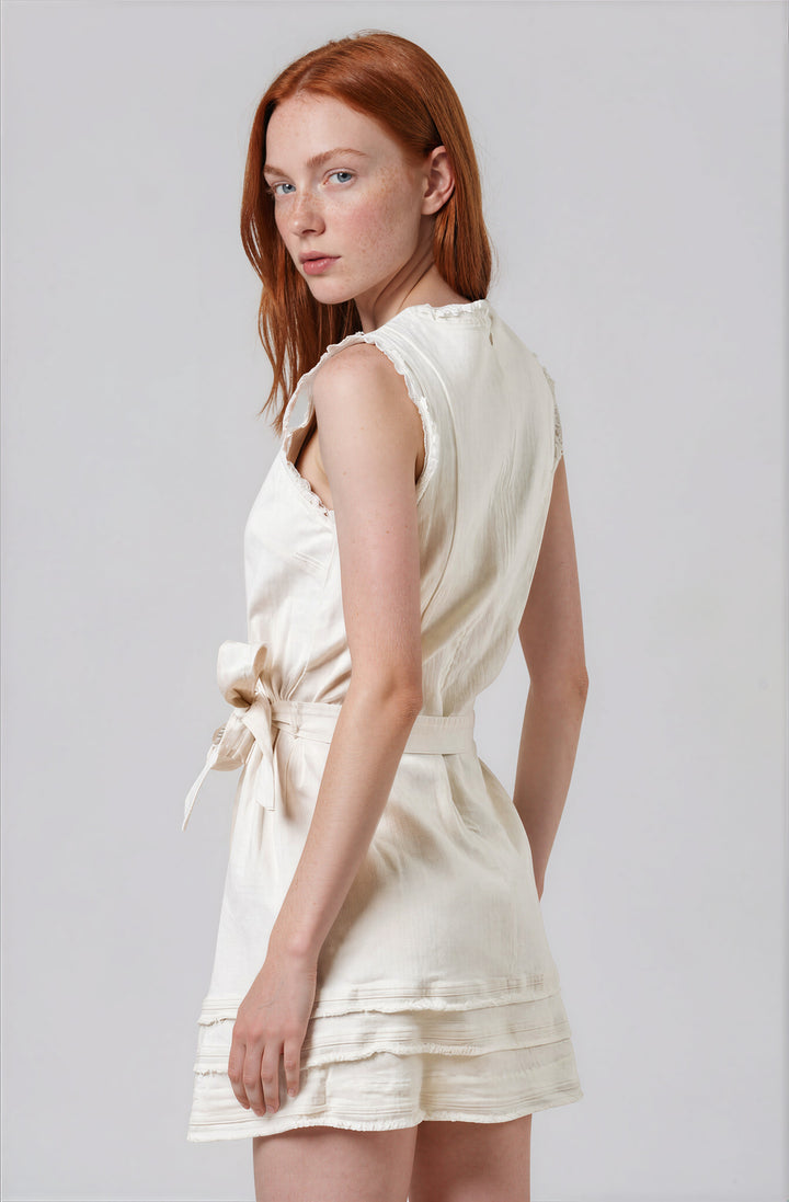 off white sleeveless mini dress with belt for summer back view