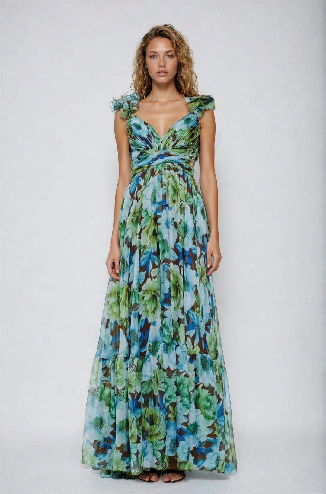 Blue and Green Ruffled Floral Lace-Up Gown The Salient Collection Blue and Green Ruffled Floral Lace-Up Gown The Salient Collection