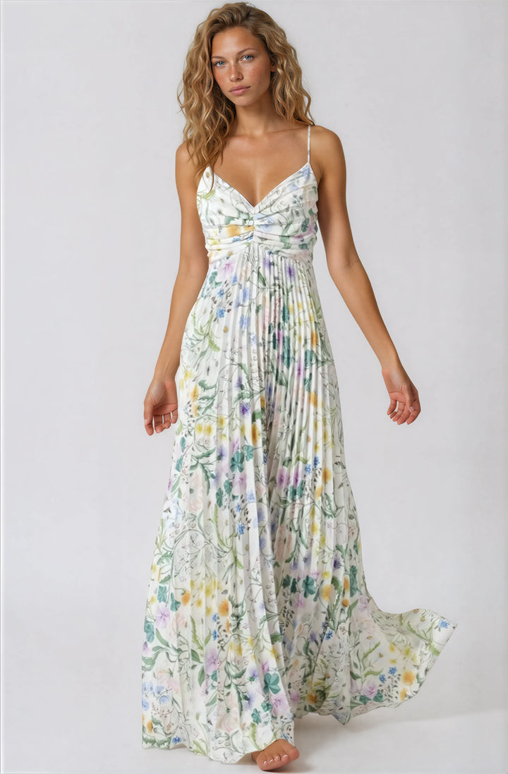 floral pleated maxi dress with pleated skirt for summer events